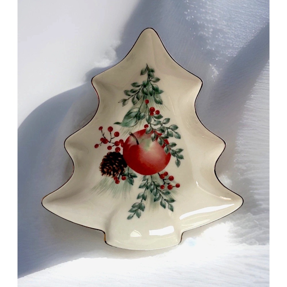 Lenox Williamsburg Boxwood‎ and Pine Tree Christmas Candy Dish W Gold Trim